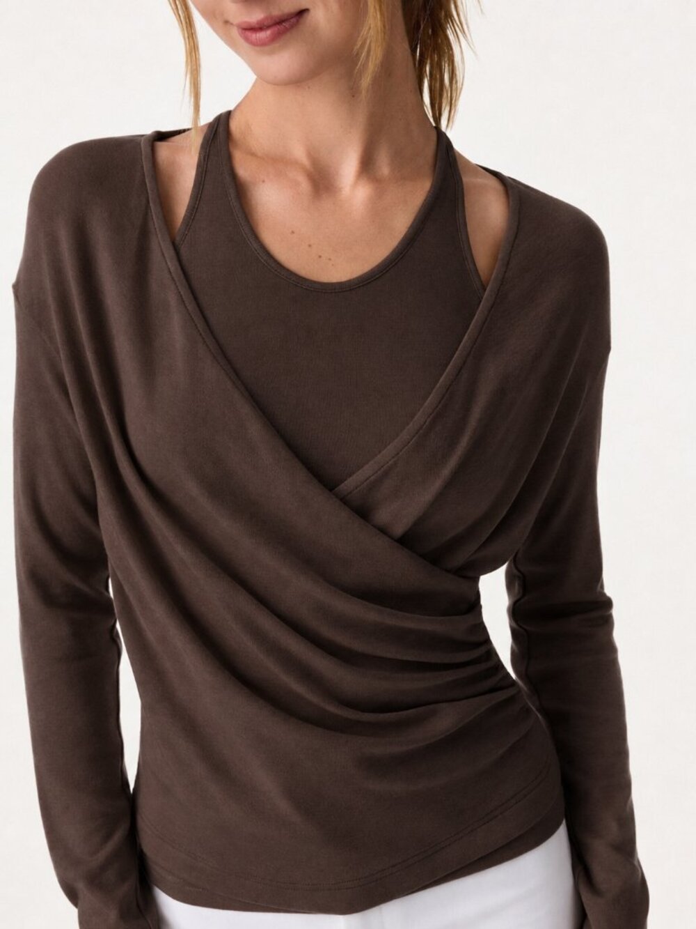 NWT OGL Two-Piece Set Cami with Surplice Ruched Top Brown Umber Wood L - Picture 2 of 12